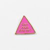 A pink triangular enamel pin with a gold outline and the raised text "GAY AND BORING".