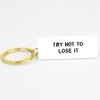 A gold-colored key ring attached to a white rectangular tag that reads "TRY NOT TO LOSE IT" in black uppercase letters.