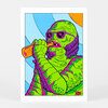 A postcard featuring a neon green, purple, and pink illustrated creature wearing sunglasses and holding an orange bottle or horn to its mouth, with an artist signature reading "ALLAN GRAVES" in the lower right.