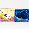 A children’s picture book with the title "LOST STICK" in colorful letters and the author name "anoosha syed" on the cover, shown beside a second illustrated spread with a dog in a boat under a moonlit sky.