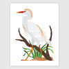 A minimalist print of a white cattle egret with orange legs, a red-and-yellow beak, and pale tan plumes perched on a brown branch with green leaves and rocks.