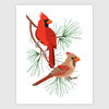 An art print showing two cardinals perched on pine branches, one bright red and one tan, with no visible text.