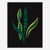 A stylized print of sansevieria leaves in dark green, teal, and yellow on a black background.