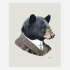 An illustration of a black bear in profile wearing glasses, a brown suit jacket, white shirt, and green tie, with a small artist signature near the lower right.