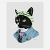 An illustrated black-and-white cat wearing a green-and-white checkered headscarf, denim jacket, purple collar, and patterned shirt.