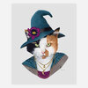 A stylized portrait of a calico cat wearing a teal witch hat with a purple flower and layered necklaces with moon and star pendants.