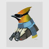 An illustration of a cedar waxwing bird wearing a blue scarf and holding binoculars, with a small signature mark near the lower right.