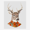 An illustration of a deer head with large antlers wearing a bright red, yellow, blue, and gray plaid shirt collar, with a small artist signature at the lower right.