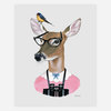 A whimsical illustration of a deer wearing black glasses and a pink outfit, with a small bird perched on its head and binoculars hanging around its neck.
