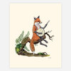An illustrated print of a fox seated on a tree branch and playing a banjo, with a small artist signature near the lower right.