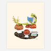 An art print shows a green frog reclining on red-and-white mushrooms while reading a blue book, with a small stack of books beside it and a signature at the lower right.