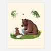 An art print depicting a brown bear reading a blue book to a small bear cub, with the title "The Woods" visible on the book cover and a small butterfly and green foliage around them.