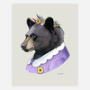 A portrait illustration of a black bear wearing a purple dress with a white scalloped collar and a floral crown.