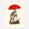 An illustrated toad embraces a white mushroom stem beneath a large red mushroom cap with white spots.