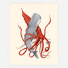 A surreal illustration of a gray whale wrapped in red octopus tentacles, with a small artist signature at the lower right.