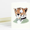 A blank greeting card with an illustration of a cheetah wearing a monocle, bow tie, and jacket.