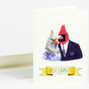 A folded greeting card featuring two illustrated cardinals dressed as a couple, with a yellow banner reading "BEST COUPLE!".