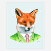 An art print shows a red fox wearing a bright green suit jacket, white shirt, and pink tie, with a small artist signature in the lower right.