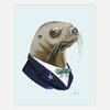 An art print of a sea lion in a navy suit jacket, white shirt, and green-and-blue striped bow tie, with a small star pin on the lapel and a signature near the bottom.