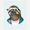 An illustration of a sloth wearing black cat-eye glasses, a teal jacket with a flower pin, and a pink-collared shirt, with a small artist signature at the lower right.