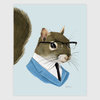 An illustrated squirrel wearing black-framed glasses, a blue suit jacket, a white shirt, and a black tie, with a visible signature near the bottom.