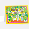 A folded greeting card with a bright yellow cover featuring the text "ROOTING FOR YOU" surrounded by green leafy plants growing from three blue glass tubes, framed by a pink decorative border.