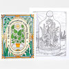 A coloring book titled “The Happy Houseplant Coloring Book” by Caitlin Keegan, shown with a colorful plant cover and an interior black-and-white page with potted houseplants and the artist’s signature.