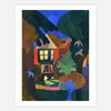 A colorful art print shows a stylized house framed by large dark trees, birds, leafy plants, and two small seated figures in a garden scene.