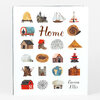 A white book cover titled "Home" with small illustrated houses, shelters, and dwellings arranged in a grid, and the name "Carson Ellis" at the bottom.