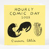 A yellow zine cover with the hand-lettered title "HOURLY COMIC DAY 2025," three black cat illustrations, and the handwritten name "Carson Ellis."