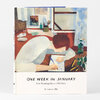 A hardcover book titled "ONE WEEK IN JANUARY" with the subtitle "New Paintings for an Old Diary" and "By Carson Ellis," featuring an illustrated cover of a person writing at a desk.