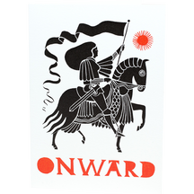 A folded greeting card with a black-and-white illustration of a person on a horse holding a flag, a small red sunburst, and the word "ONWARD" in large red letters at the bottom.