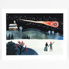 A signed art print shows a stylized night landscape with a bright shooting star, hills, a small house, trees, and two figures holding hands, with "CE 2018" visible at the bottom.