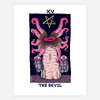 A tarot-style art print labeled "XV" at the top and "THE DEVIL" at the bottom, showing a pink, tentacled devil figure with a yellow pentagram above it.