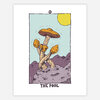 A tarot-style print labeled "THE FOOL" showing three orange-capped mushrooms growing from purple rocks under a yellow sun, with a small zero-like symbol at the top.
