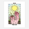 A tarot-style art print with the roman numeral "XIX" at the top, a large yellow sun with radiating lines, pink coral-like forms, and the title "THE SUN" at the bottom.