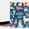 A folded greeting card with a dark blue cover patterned with colorful illustrated dogs and the text "I HOPE YOUR BIRTHDAY IS FULL OF DOGS" in the center.