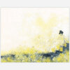 An art print showing a small child in yellow boots and a yellow jacket standing on steps and holding a yellow watering can among sparse yellow flowers and grasses.