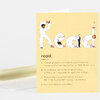 A folded greeting card with a pale yellow front printed with illustrated people forming the word "read" and the word "read:" followed by several dictionary-style definitions.