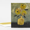 A folded greeting card with a painted floral image of three yellow flowers in a yellow vase on the front.