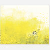 A print featuring a child-like figure with outstretched arms in a yellow field filled with small heart-shaped marks.