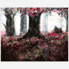 A print depicting three large tree trunks with pink and black leaves overhead and an exposed underground root system filled with small mushroom-like growths and bright pink dots.