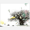 An illustrated print featuring a large black tree filled with tiny figures, balloons, and whimsical structures, with a few small flying figures around it.
