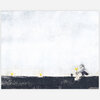A print shows a small illustrated person crouching beside a dark horizontal ground line, holding a yellow heart-shaped sprout or flower and a small plant in a pot, with two other yellow sprouts along the line.