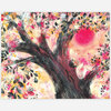 A colorful art print shows a dark tree with branching limbs, dense black leaves, and a small figure leaning against the trunk amid pink, yellow, and cream painterly foliage.