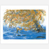 A landscape art print showing a large leafy tree over blue water with a small figure bending near the shore and fish visible in the river.