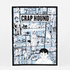 A printed cover or poster with the large text "CRAP HOUND" and "CHURCH & STATE," filled with a grid of black-and-white religious and patriotic illustrations.