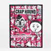 A printed cover or poster with the bold title “CRAP HOUND” and the subtitle “CLOWNS, DEVILS & BAIT,” showing a collage of black-and-white clown, devil, and creepy character illustrations on a hot pink background.
