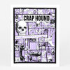 A printed zine or book cover with a purple and black collage of skulls, scissors, old telephones, and other macabre illustrations, titled "CRAP HOUND" and "DEATH, PHONES & SCISSORS."