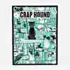 A poster or zine cover with the title "CRAP HOUND" in large black letters and "SUPERSTITION" in teal, showing a central black cat surrounded by a grid of black-and-white lucky charms and superstition symbols.
